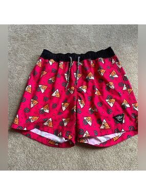 Men’s Swim Trunks Size Large T Fox Brand Pizza Novelty Shorts Pockets Eclectic